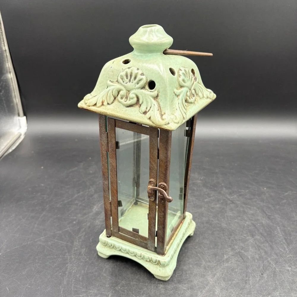 Vtg Heavy Sage Green Ceramic and Metal Glass Candle Lantern Rustic Decor Patina